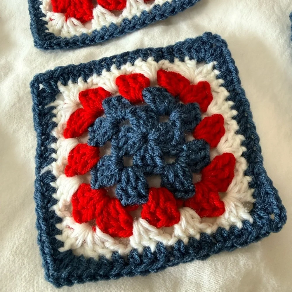 Granny square Crochet scarf blue red white style 61”x5”